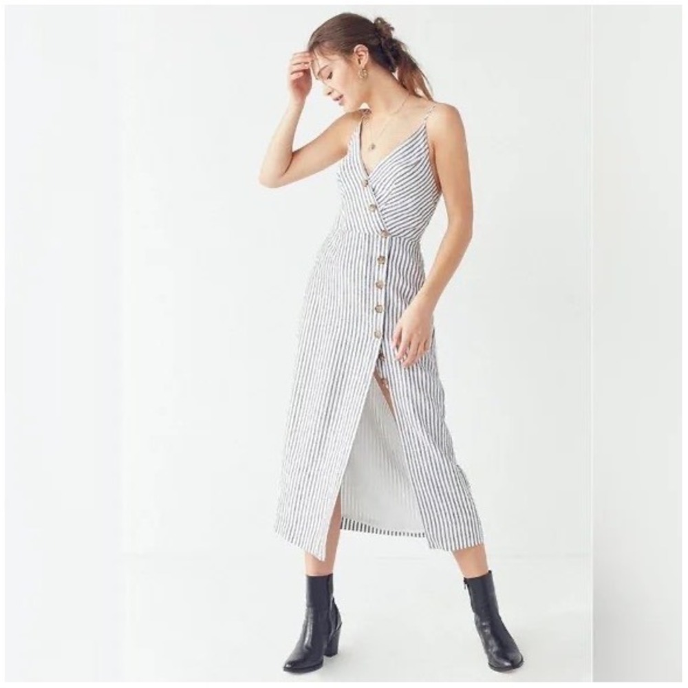 Urban Outfitters Striped Linen Blend Midi Dress Blue White XS Button Front Slit